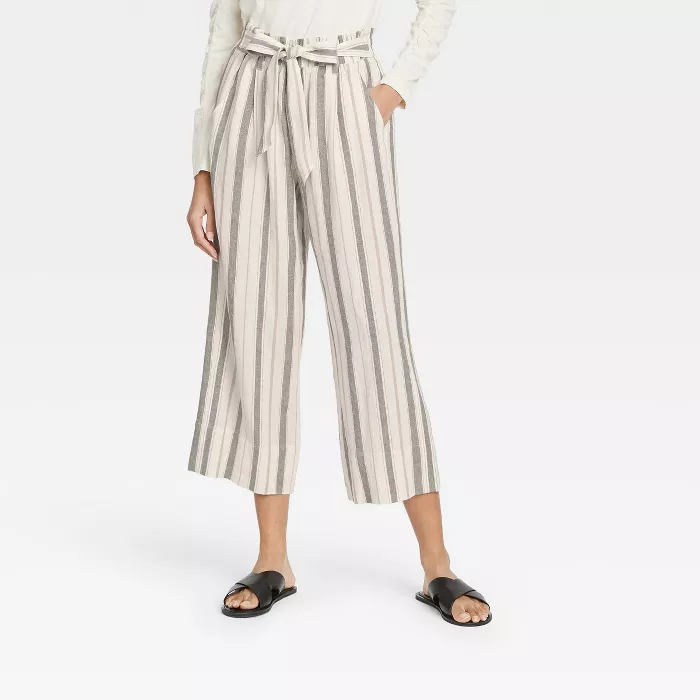 Women's Striped Mid-rise Linen Cropped Wide Leg Pants - Knox Rose™ Olive Green image